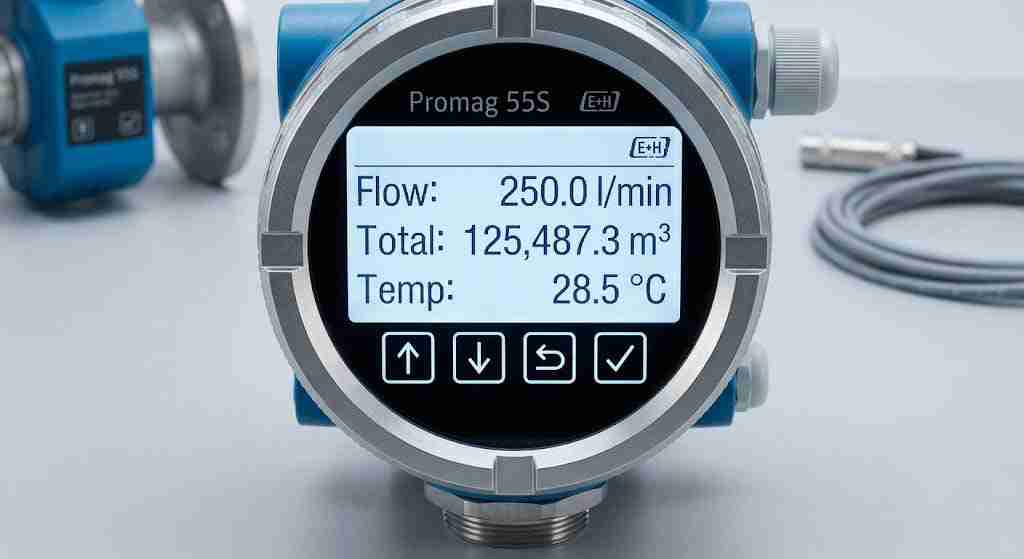 Promag 55S transmitter electronic housing showing 4-line backlit display and optical sensor keys interface